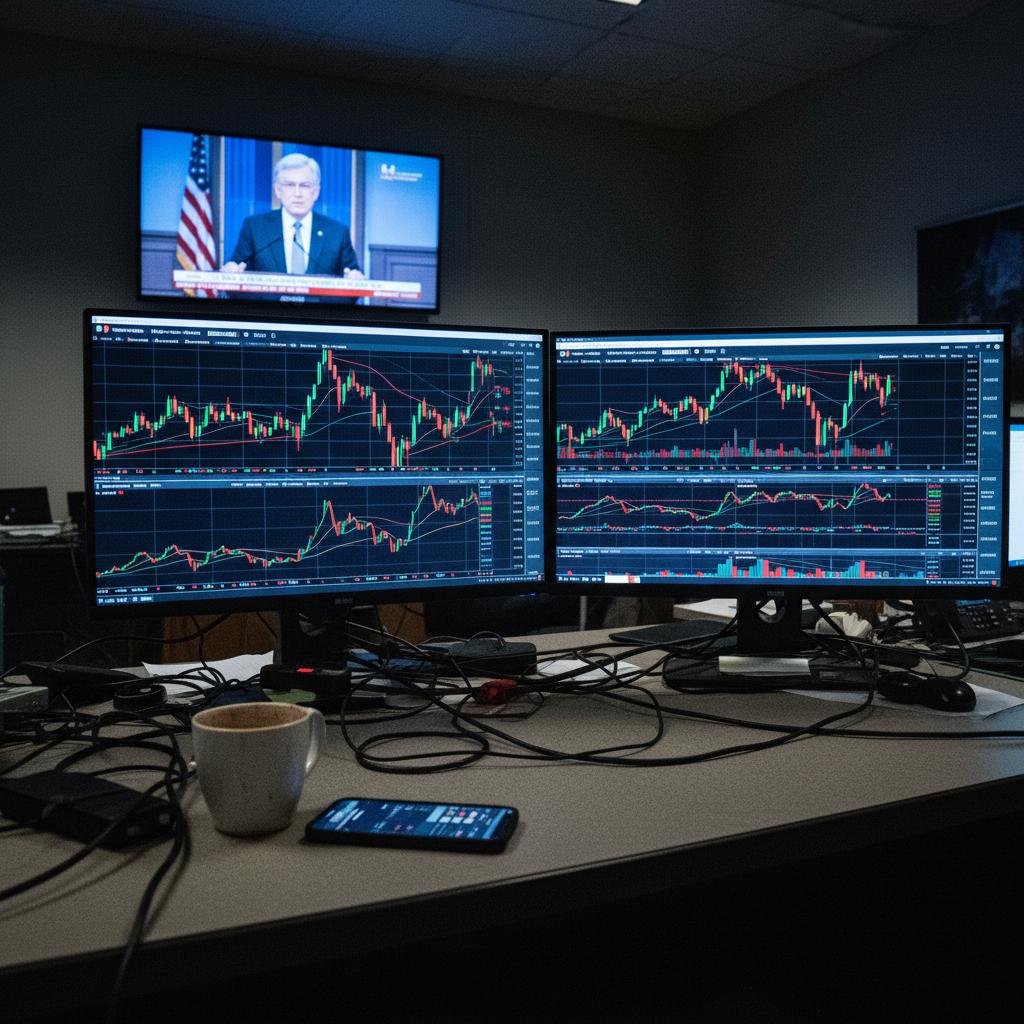image.jpeg-77 Financial trading monitors displaying charts with a news broadcast in the background.