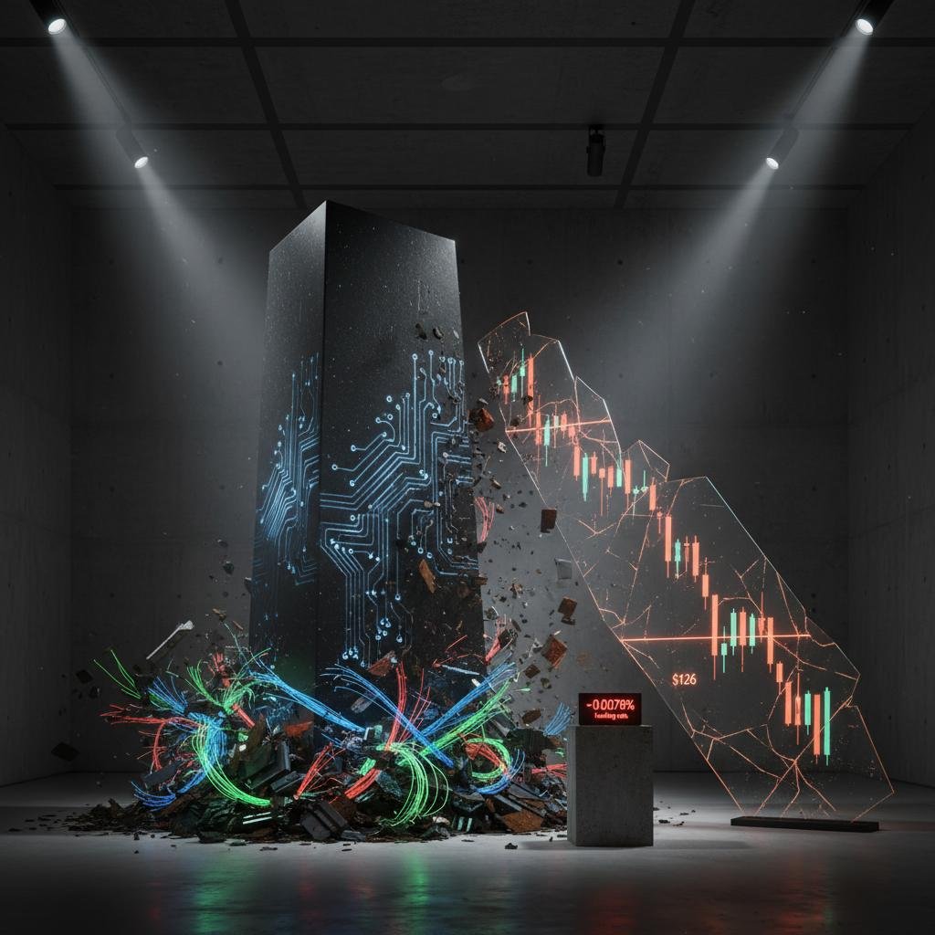 image.jpeg-8 Digital pillar with glowing circuits crumbling, alongside a shattered financial candlestick chart.