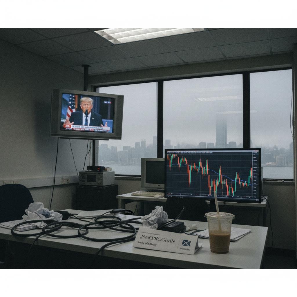 Office desk with TV showing Donald Trump, computer displaying stock market graph, and city skyline view.