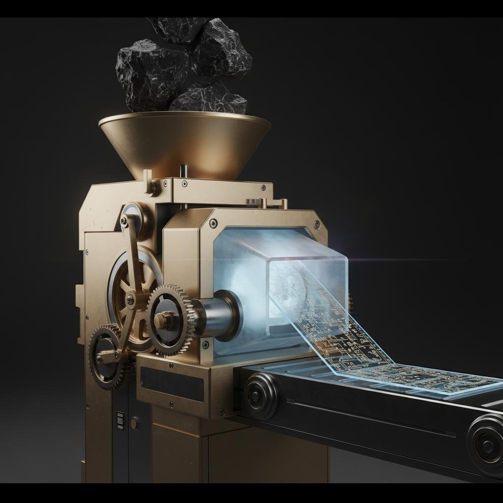 Gold machine converting raw coal into a transparent circuit board on a conveyor belt.