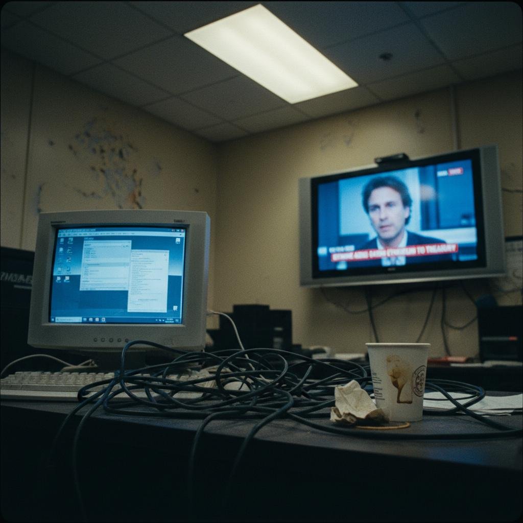 image.jpeg-87 Desk with old monitor, flat-screen TV showing a news broadcast, tangled cables, and a coffee cup.
