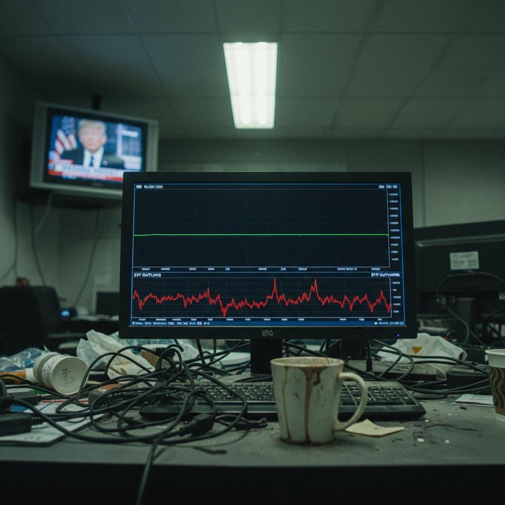 Computer monitor displaying a financial graph on a messy desk with a dirty coffee mug and tangled wires.
