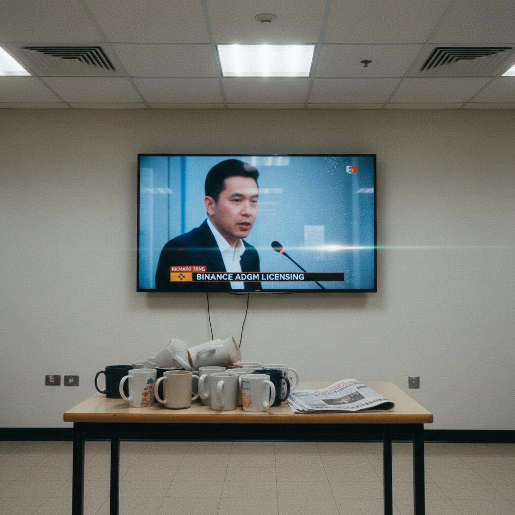 image.jpeg-89 Man on TV screen speaking into a microphone, with a table of used coffee mugs and newspapers below.