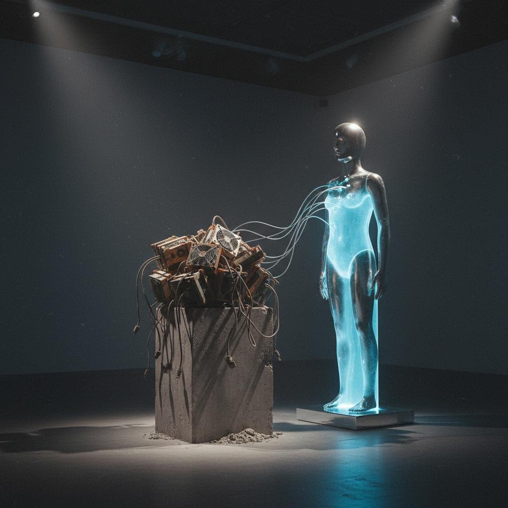 Glowing blue humanoid figure connected by wires to a pile of electronic components on a concrete pedestal in a dark room.