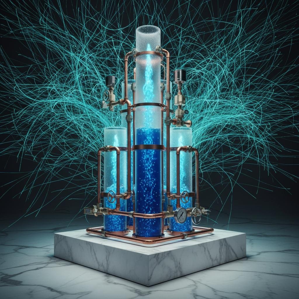 image.jpeg-90 Scientific apparatus with bubbling blue liquid in glass tubes, copper pipes, and glowing energy lines.