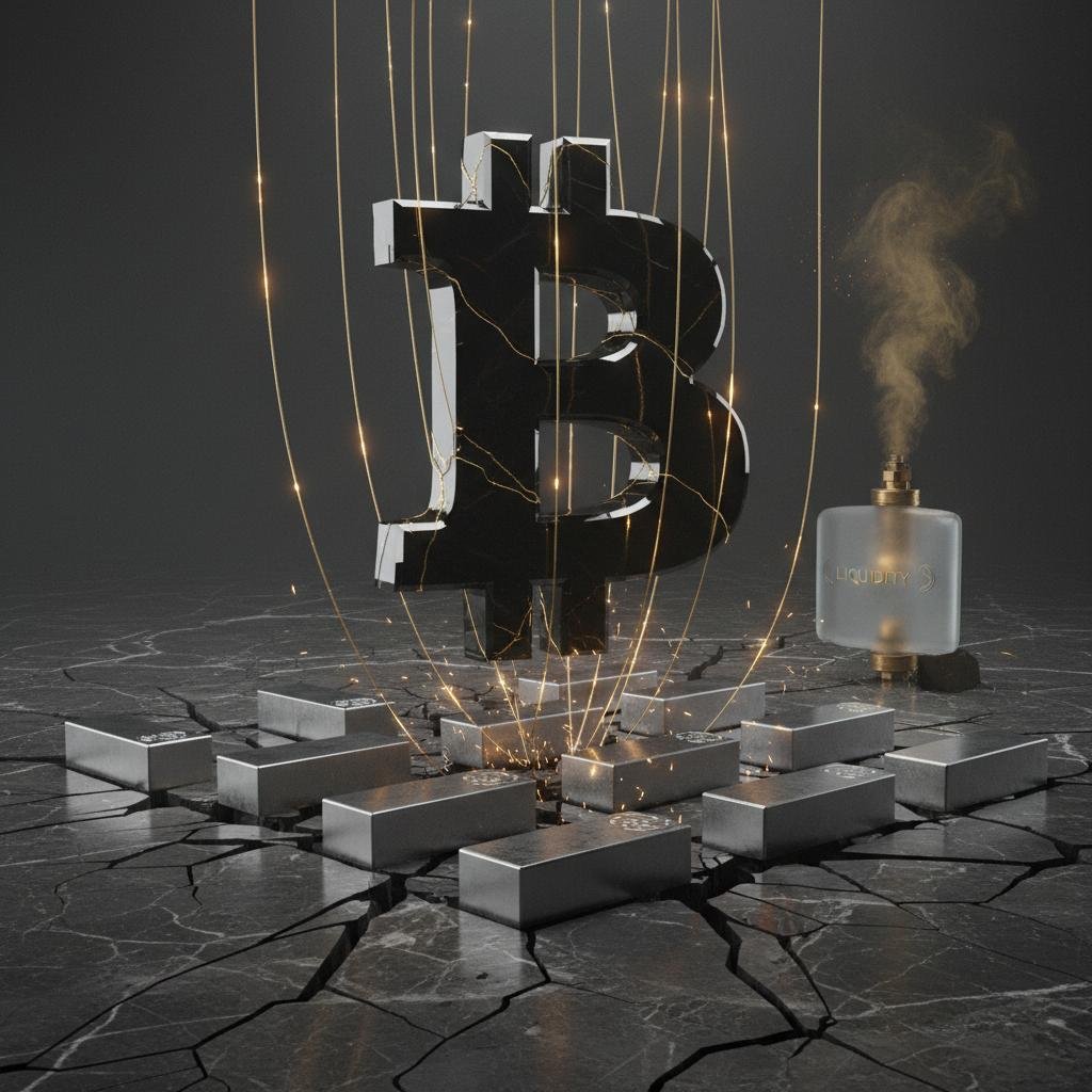 Cracked Bitcoin symbol emitting golden energy onto silver bars, causing sparks on a fractured dark surface.