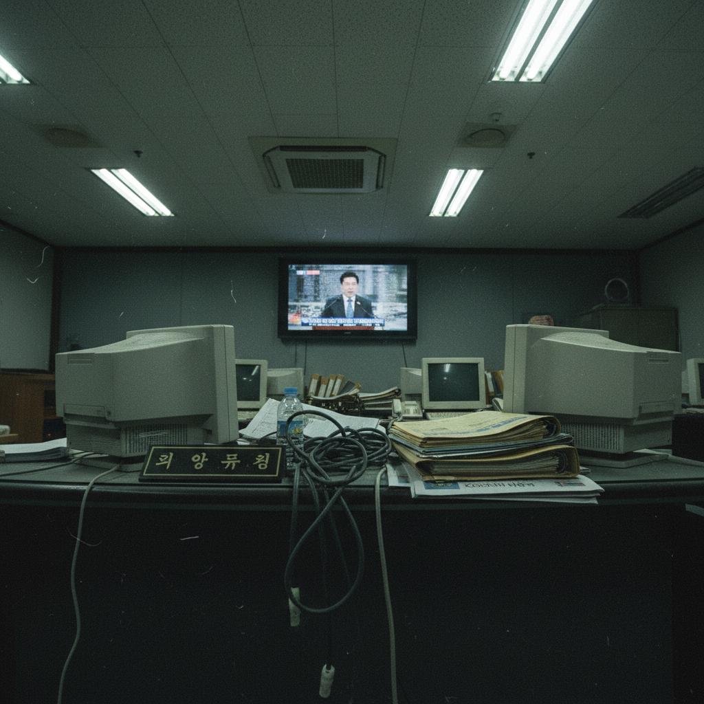image.jpeg-92 Office desk with vintage computer monitors, cables, papers, and a TV showing a news anchor.