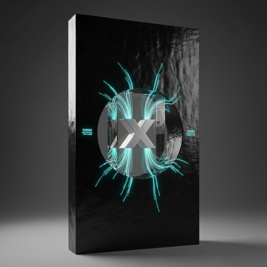 image.jpeg-94 Black rectangular display with glowing blue lines surrounding a silver X logo.