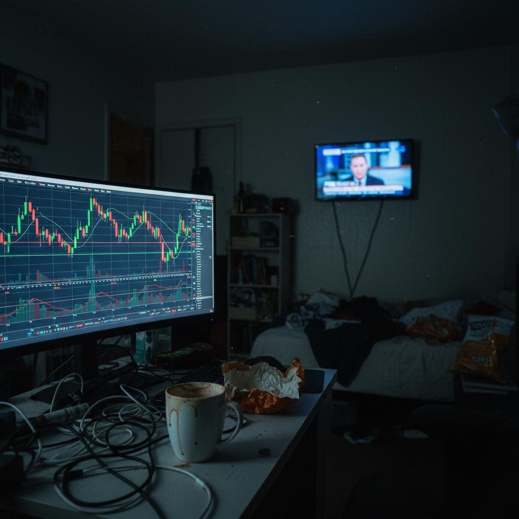 image.jpeg-95 Stock charts on a computer monitor, coffee cup, and a news broadcast on TV in a dimly lit room.