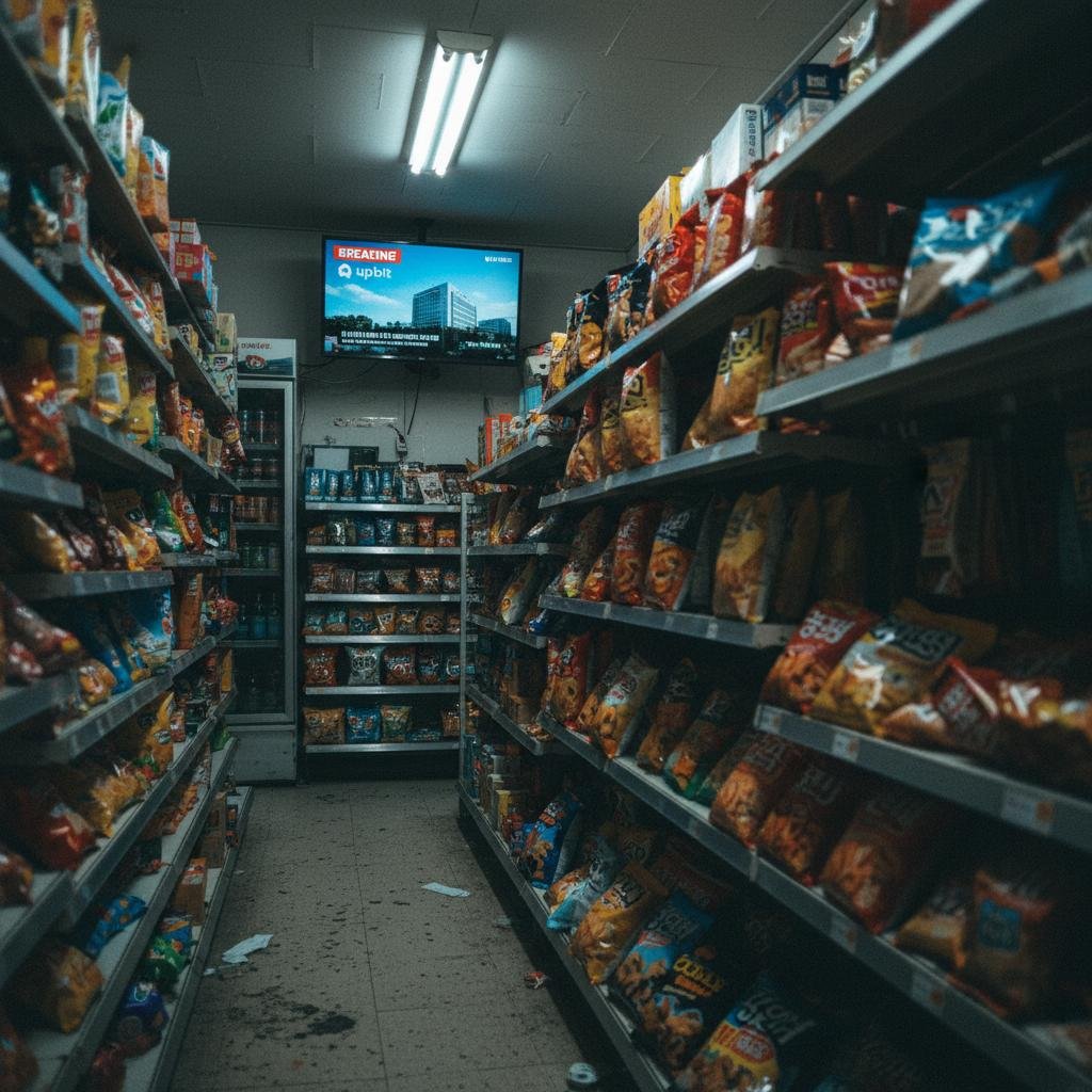 Aisle in a convenience store lined with snack bags, with a TV screen displaying a news report about 