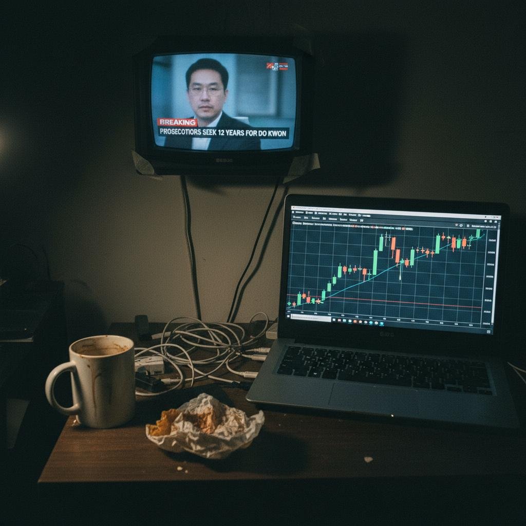 A TV displays news about Do Kwon, alongside a laptop showing financial stock charts on a cluttered desk.