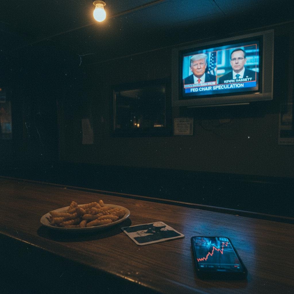 Plate of fries, phone with stock chart, and a TV showing news about Fed Chair speculation with Trump and Kevin Hassett.
