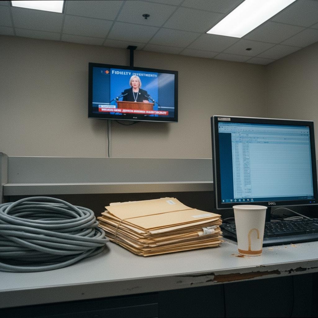 Desk with computer, coiled cable, file folders, and a TV screen showing a news anchor.