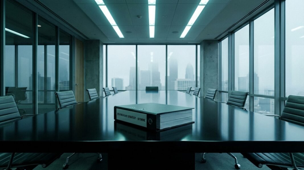 A black binder titled 'ETH TREASURY STRATEGY - BITMINE' on a long table in an empty, modern boardroom with city views.