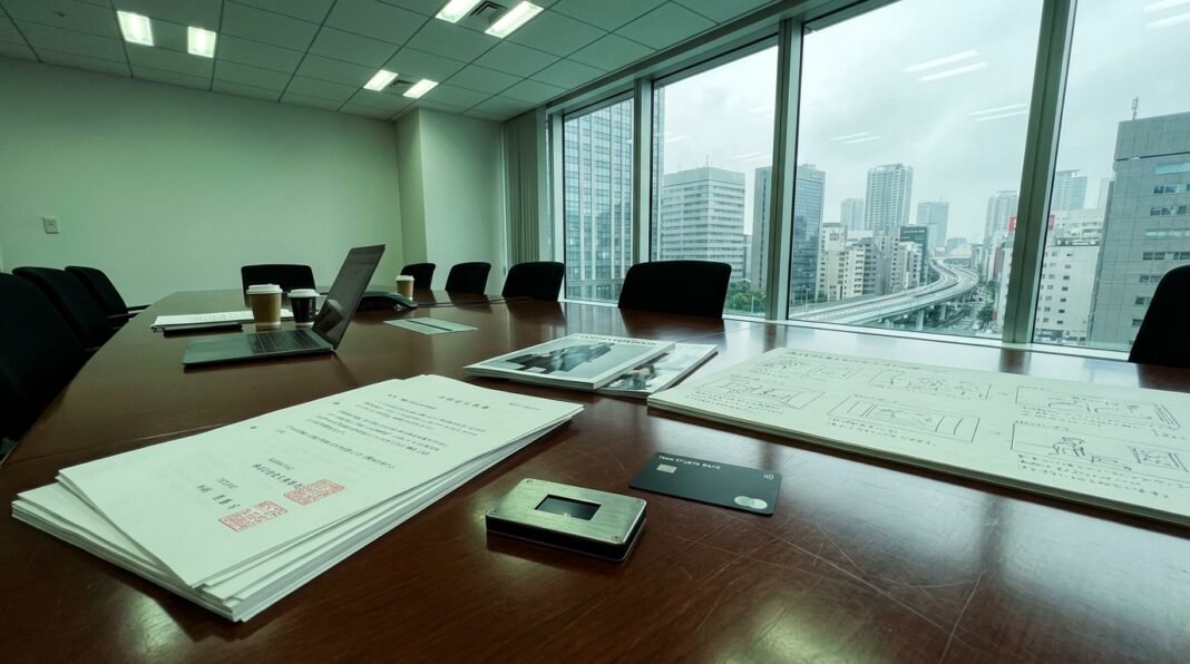 Conference table with documents, laptop, and storyboards in an office with floor-to-ceiling windows overlooking a city.