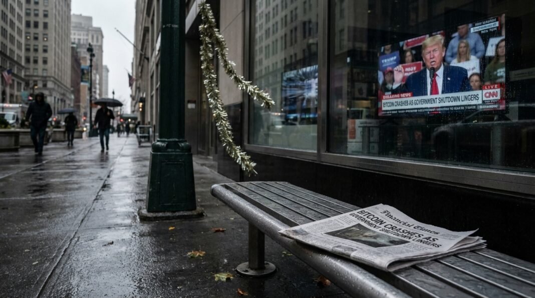 Wet newspaper on a bench in front of a shop window displaying a CNN news report on a rainy city street.
