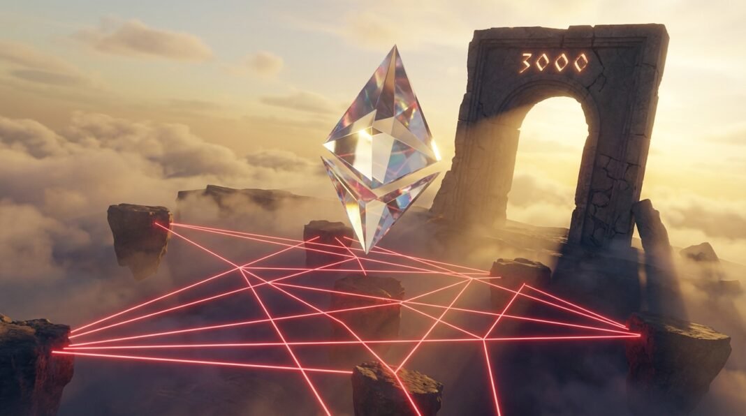 Crystalline Ethereum logo floating above clouds with a glowing red network and a stone archway labeled 3000.