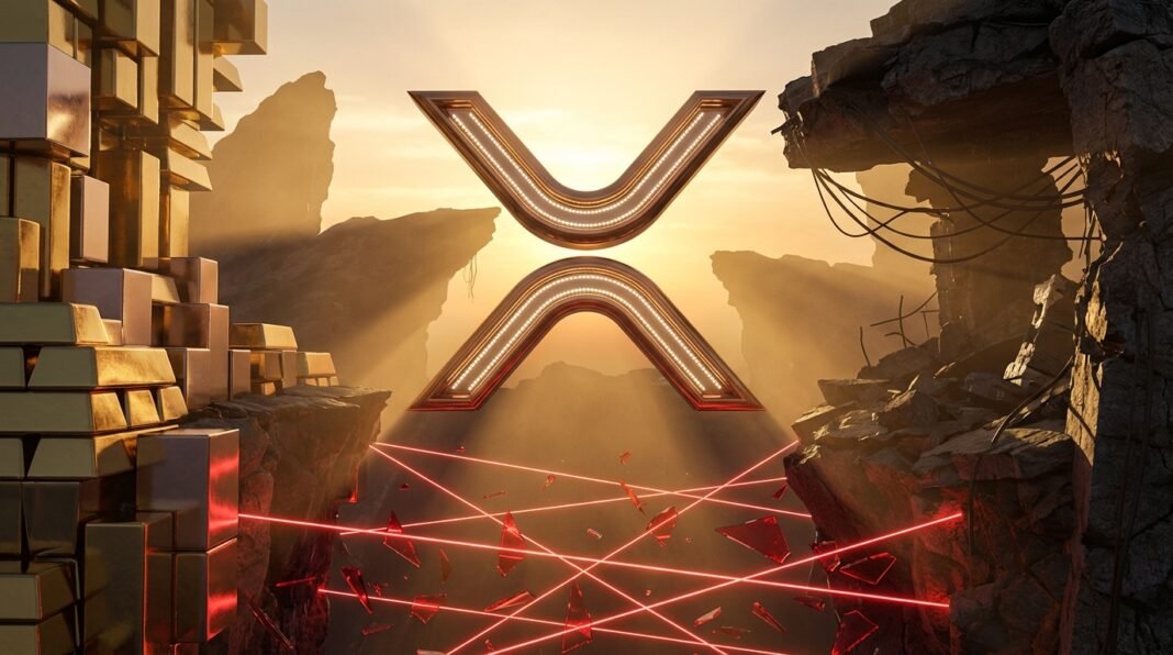 image.png-13 3D metallic XRP logo suspended between a stack of gold bars and rocky ruins with red laser beams and shards.
