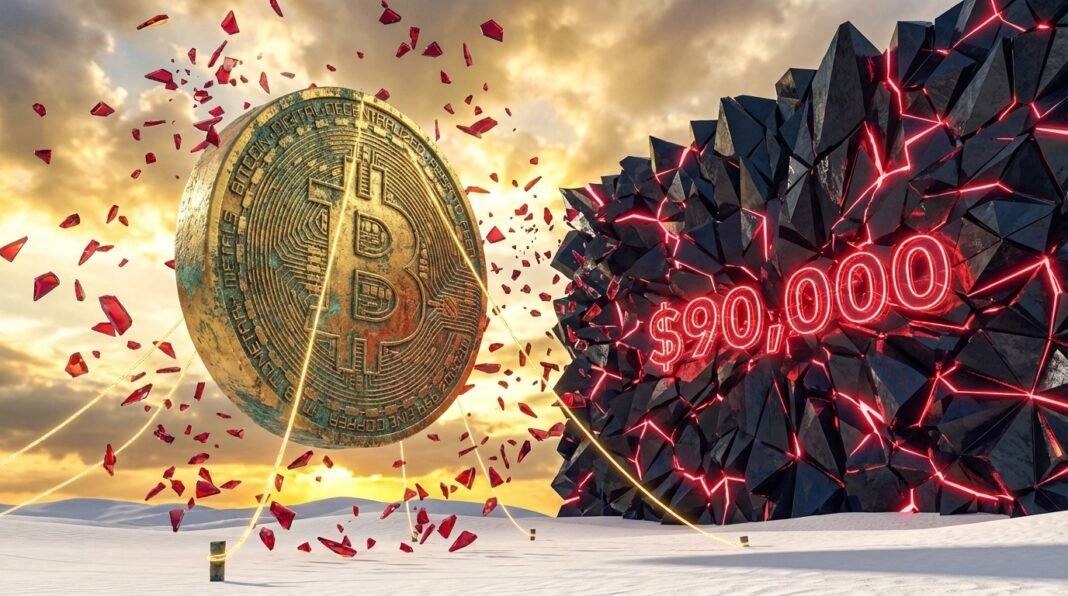A large golden Bitcoin coin tethered to the ground next to a jagged black wall displaying a glowing red $90,000 sign.