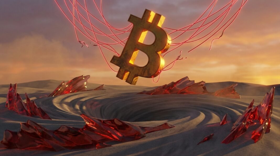 image.png-15 A golden Bitcoin symbol suspended by glowing red wires over a swirling sand vortex in a desert.