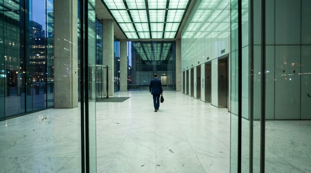 image.png-16 A man in a blue business suit walking through a modern, glass-walled office lobby with a briefcase.