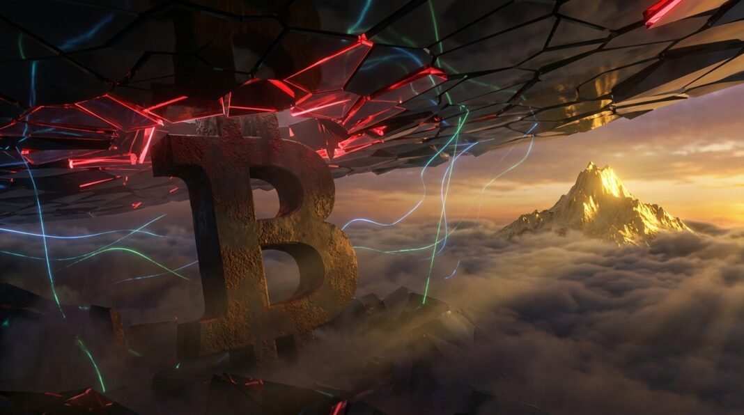 image.png-17 Large stone Bitcoin symbol breaking through a dark, shattered ceiling above a sea of clouds and a golden mountain peak.