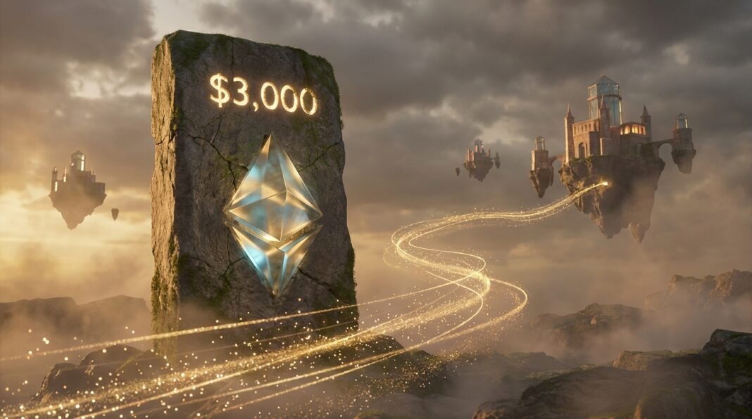 image.png-19 Ethereum logo on a stone monolith with glowing $3,000 text, set in a fantasy landscape with floating castles.