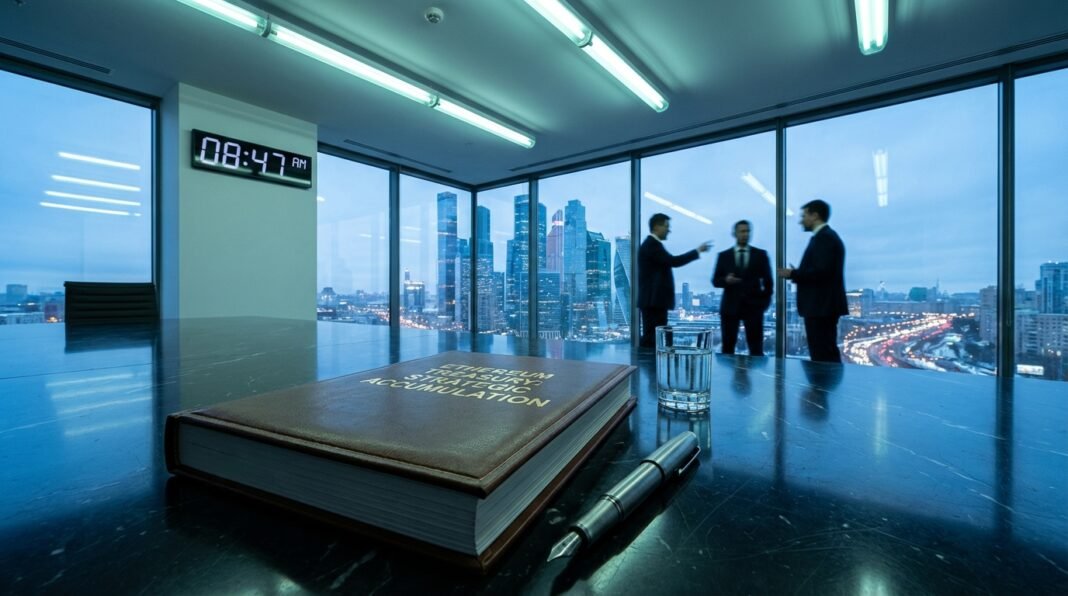 A leather-bound book titled 'Ethereum Treasury Strategic Accumulation' on a marble table in a high-rise office.