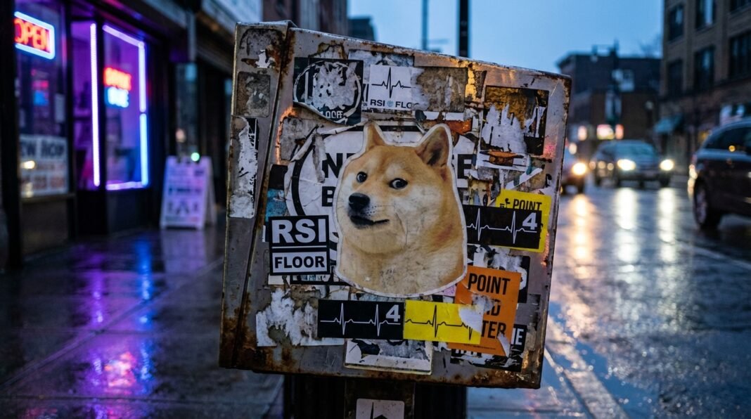 Shiba Inu meme sticker on a weathered utility box on a wet urban street at night with neon lights.