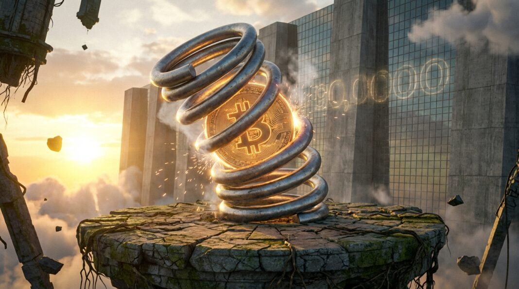 A golden Bitcoin coin compressed by a thick metal spring, sparking atop a stone platform at sunset.