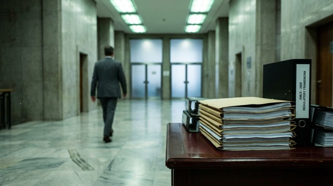 A man in a suit walks down a stark hallway past stacks of documents labeled 