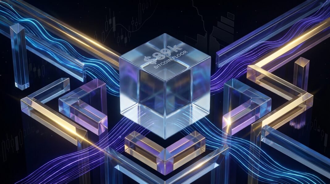 A glowing glass cube with '$89K BITCOIN FLOOR' text surrounded by neon light trails and geometric structures.
