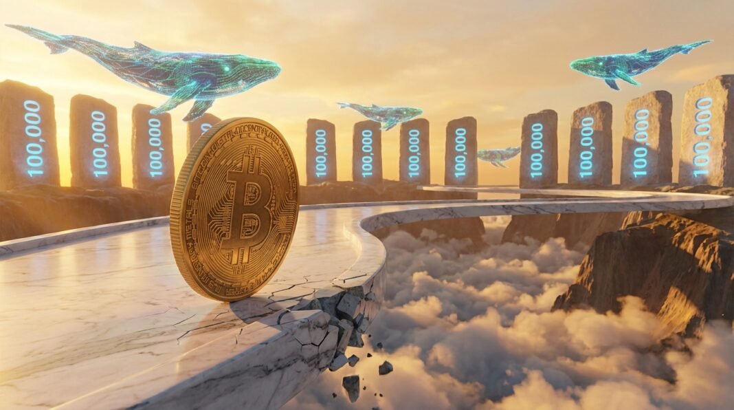 A gold Bitcoin balances on its edge on a cracked marble path under a sky with digital whales and $100,000 markers.