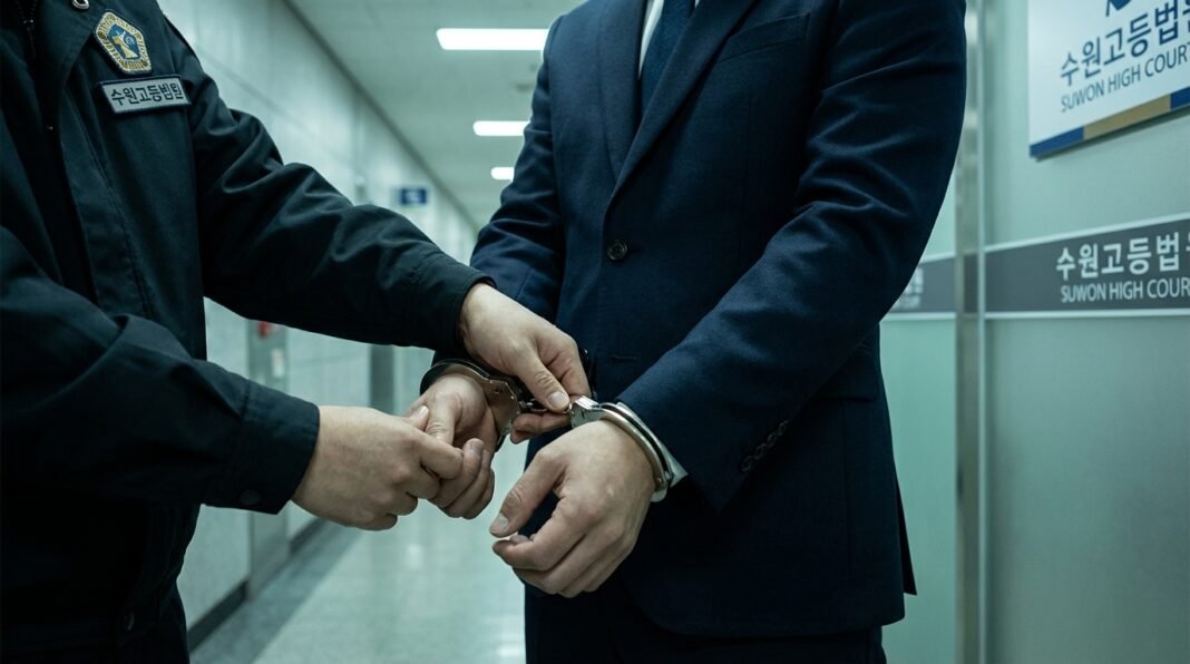 Officer placing handcuffs on a man in a navy suit in a Suwon High Court hallway.