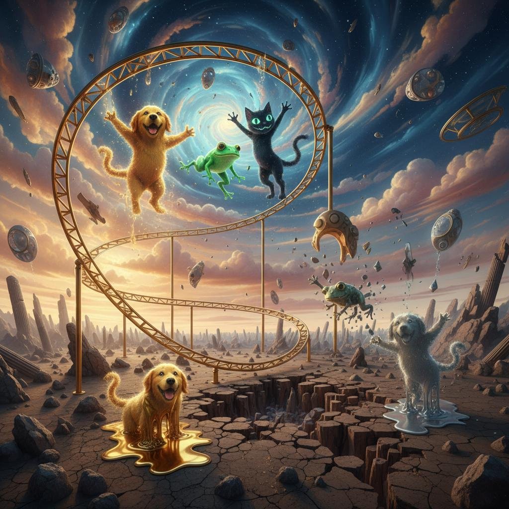 Golden retriever, frog, and black cat float in a roller coaster loop above a cracked landscape with a golden dog and liquid dog.