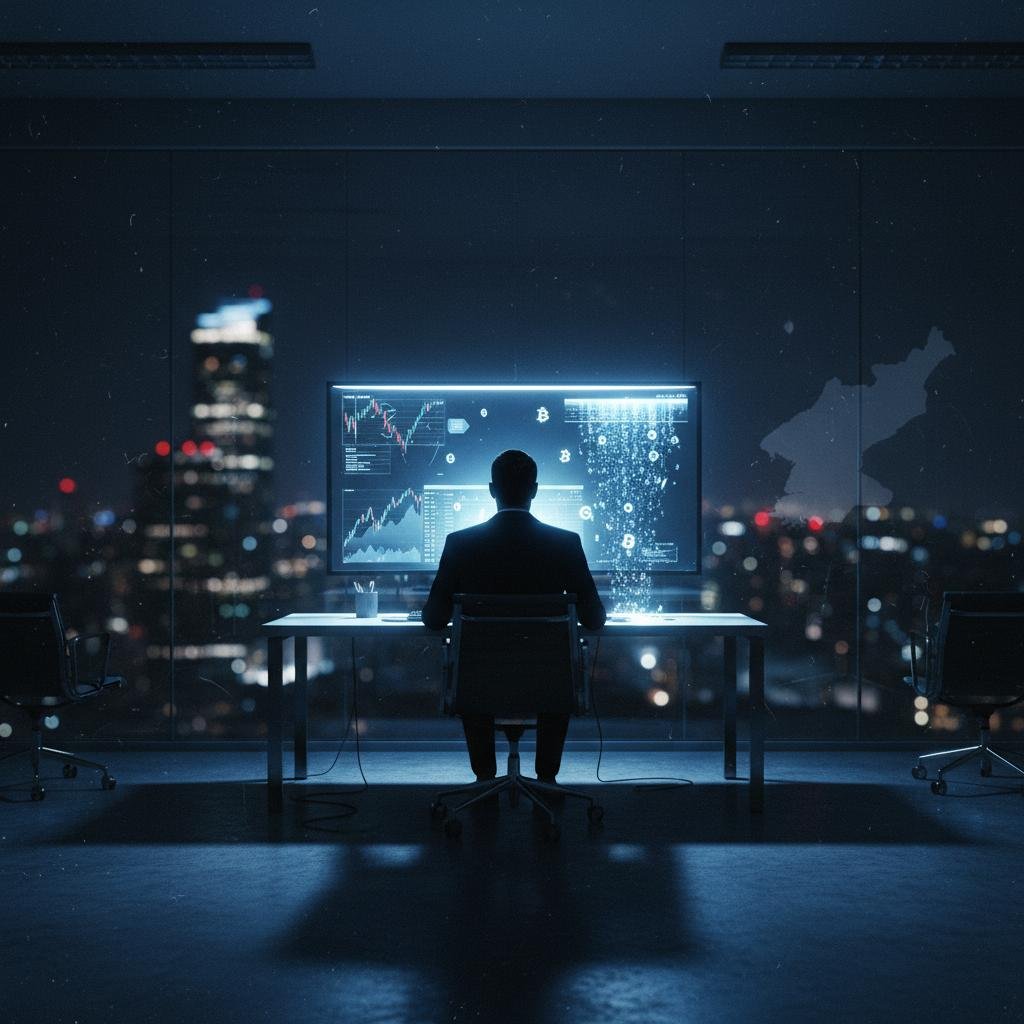 north-korea-s-2-billion-crypto-blitz-they-re-inside-your-walls.jpeg Person in a suit views a large monitor displaying financial charts and digital currency symbols in a dark office at night.