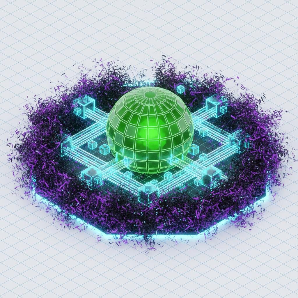 Green glowing grid globe centered on a complex blue luminous geometric network within dark purple organic texture on a grid.