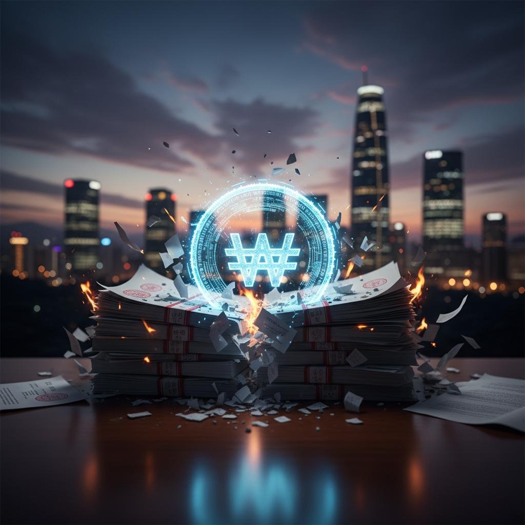 Digital South Korean Won symbol over disintegrating cash with city skyline.