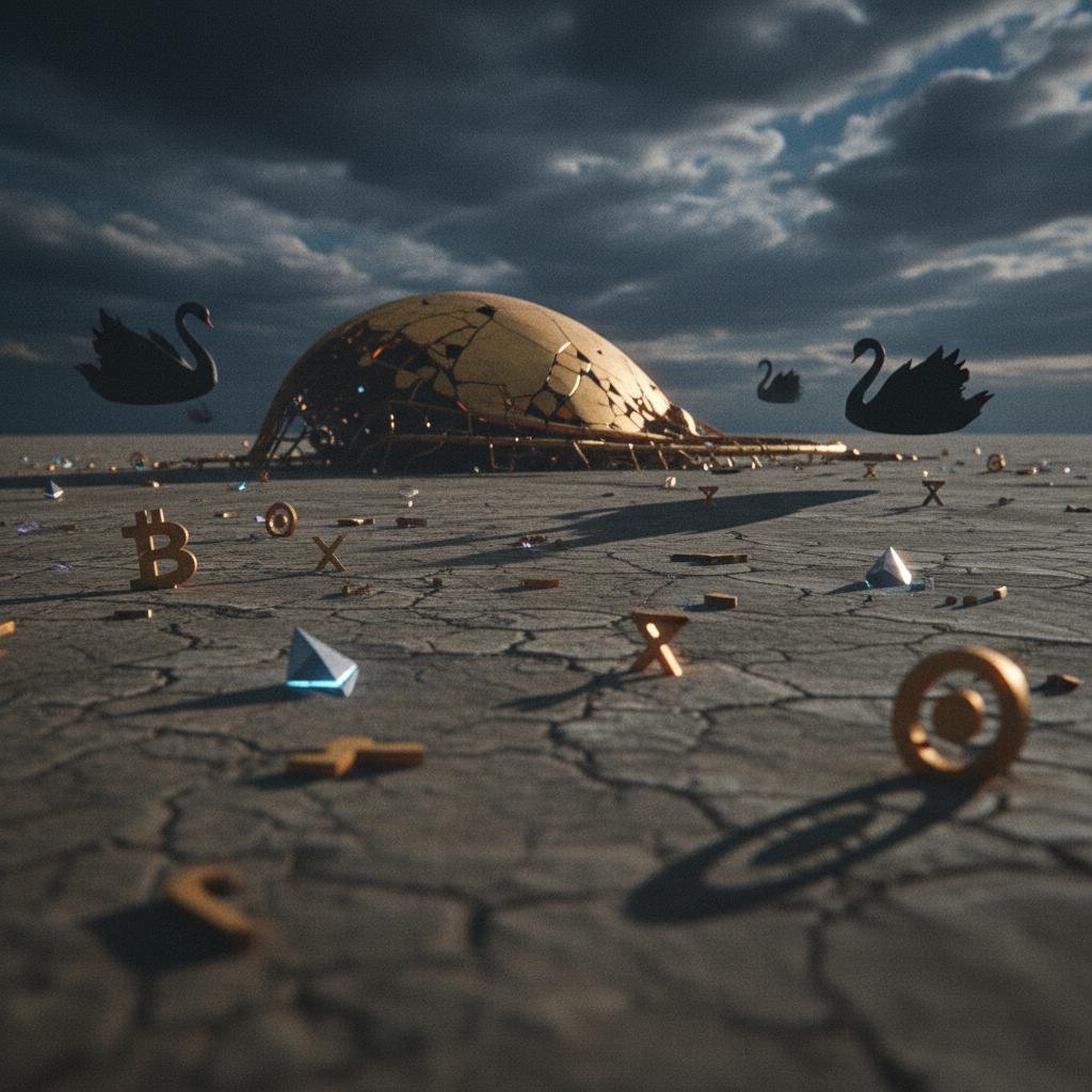Golden dome, broken on cracked earth, surrounded by scattered symbols and black swans under a dark sky.