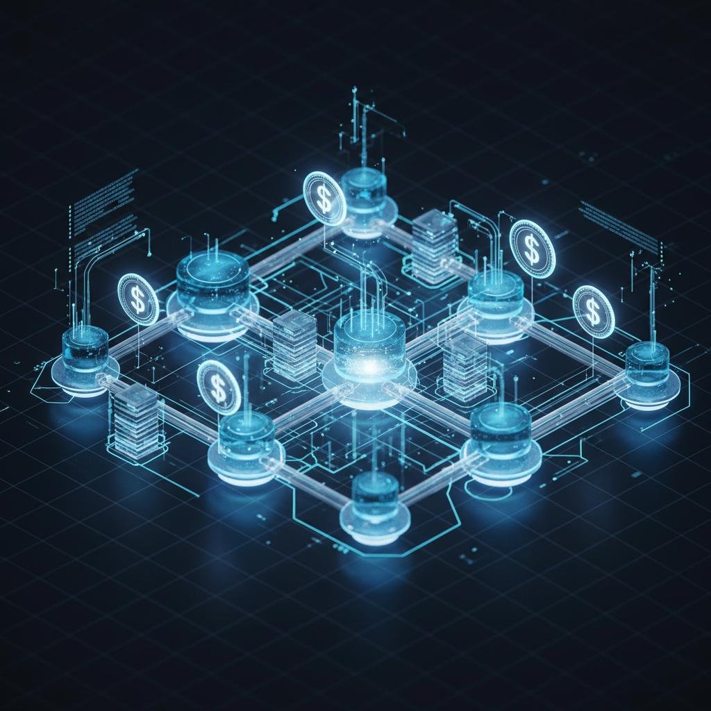 Glowing blue digital network with interconnected nodes and dollar signs.